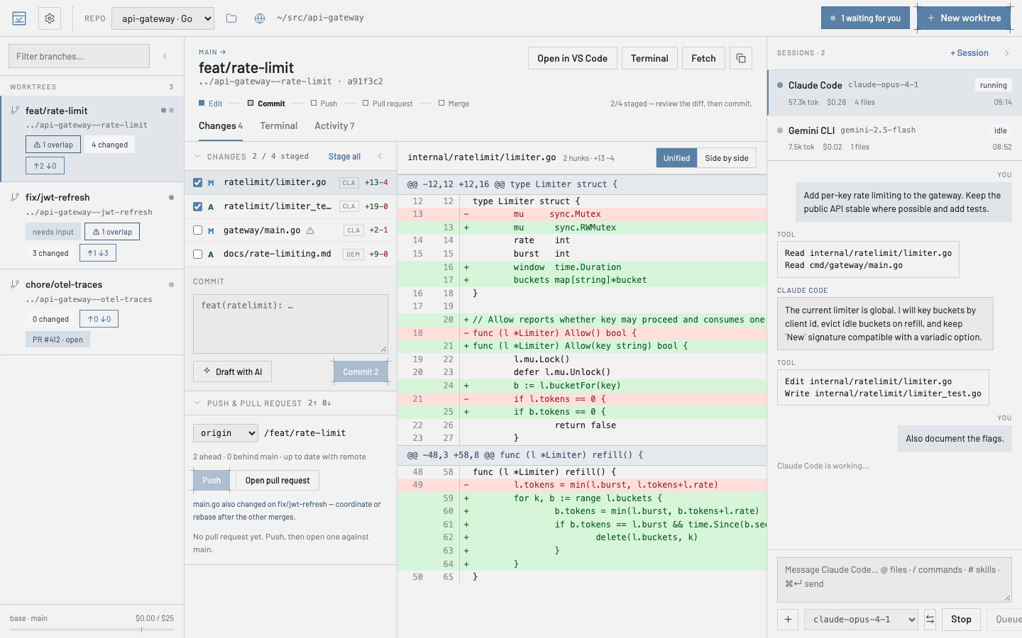The console: worktrees on the left, changes and diff in the middle, the agent session on the right.