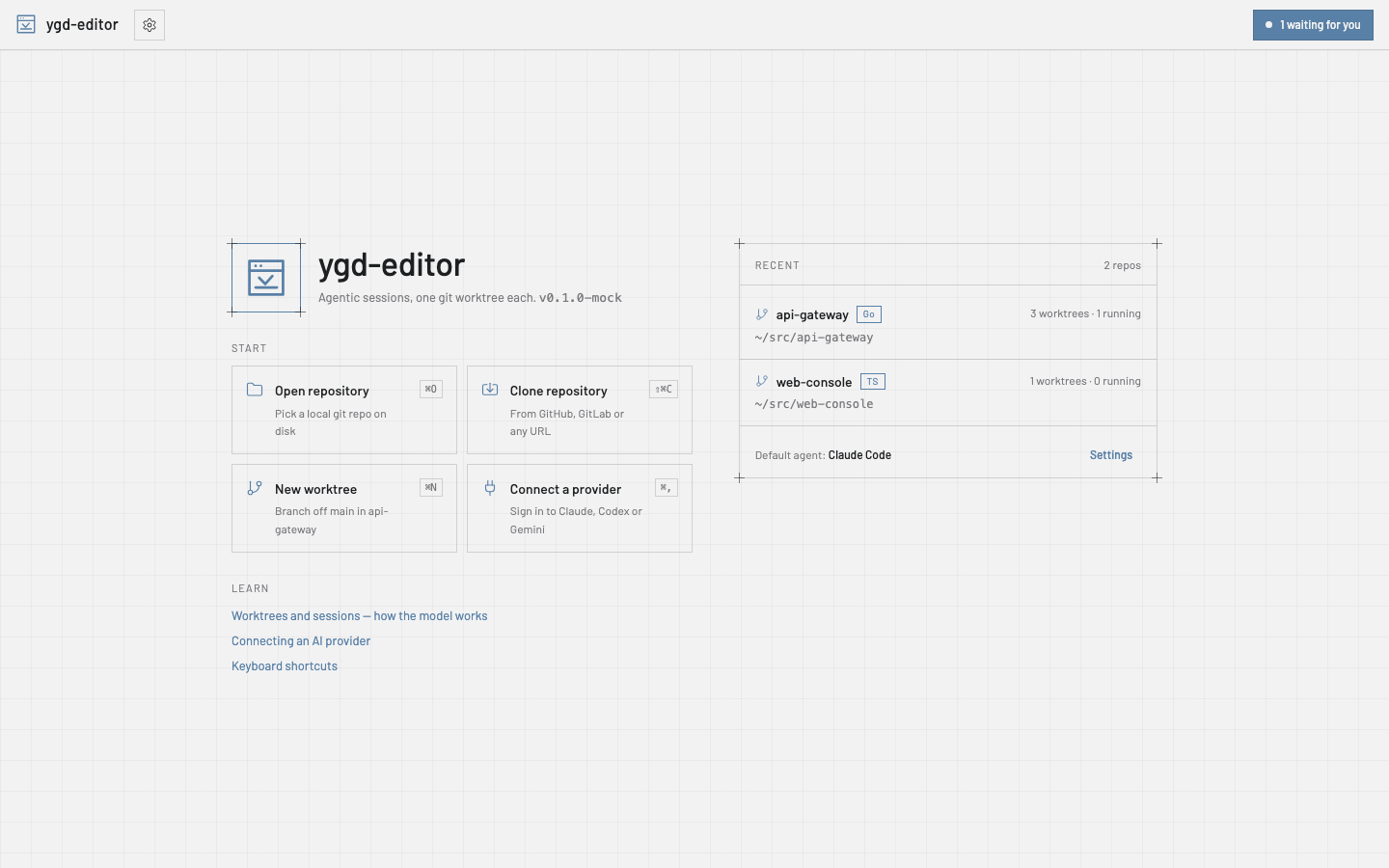 The start page: recent repositories and the start actions