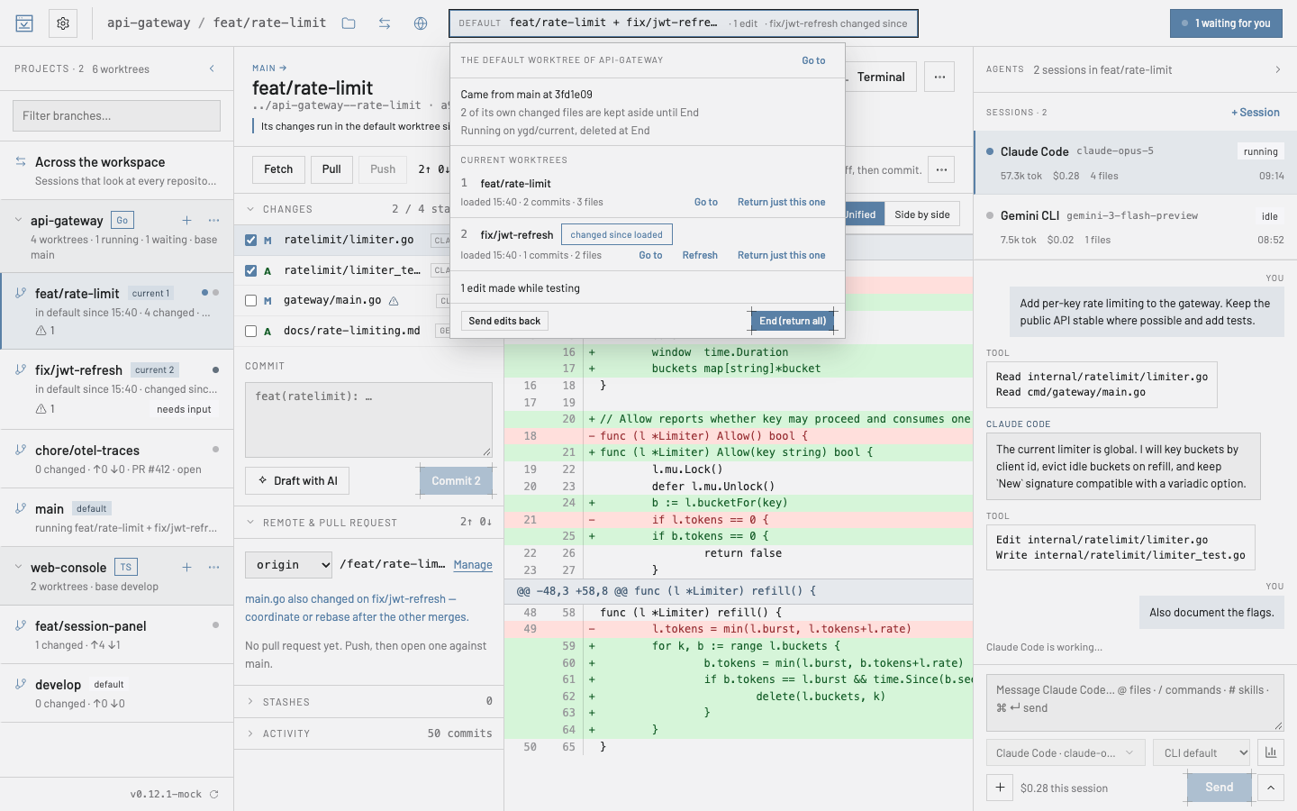 The header strip, open: where the default worktree came from, the two current worktrees and what can be done next