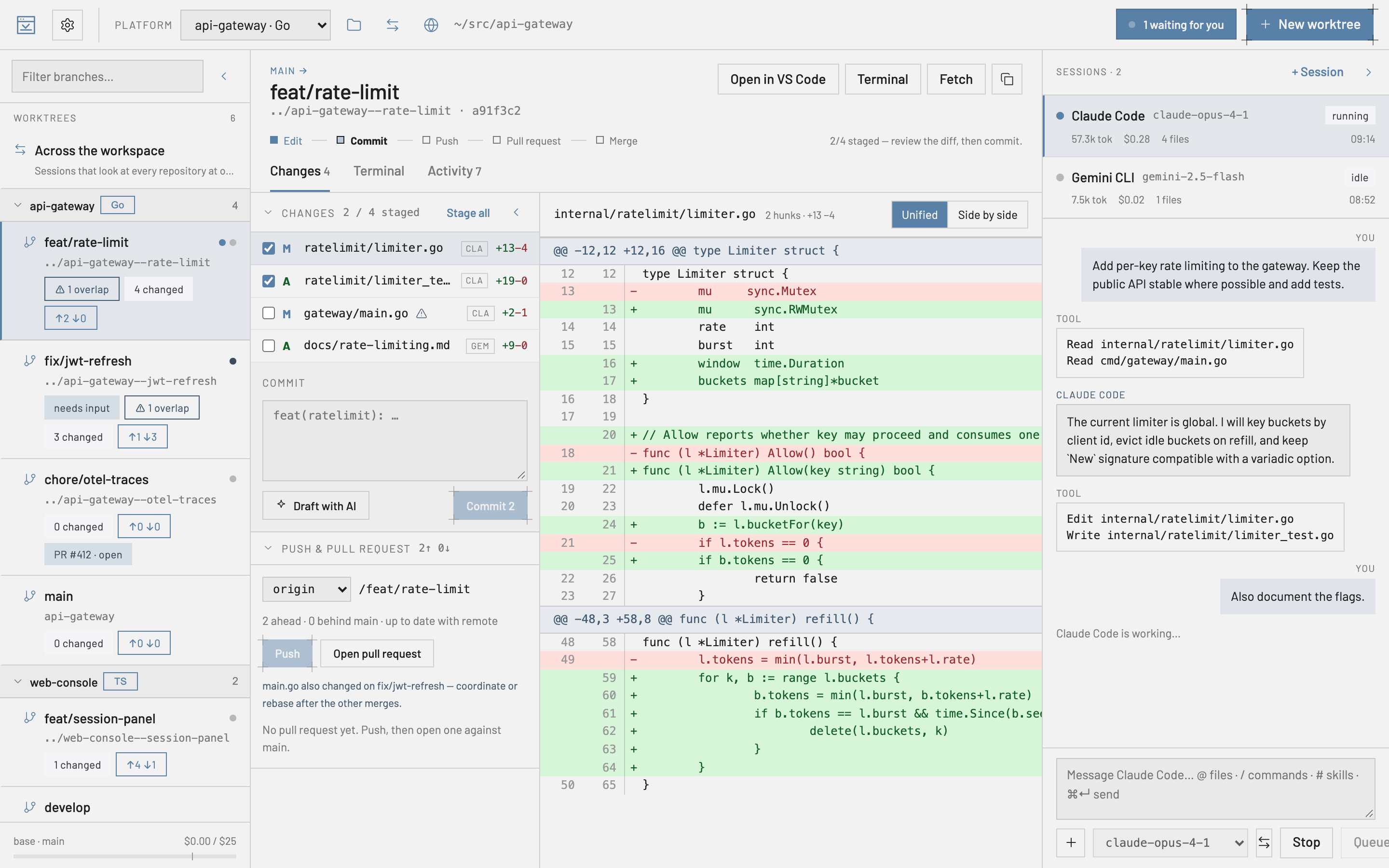 A workspace of two repositories: the sidebar groups worktrees by repository